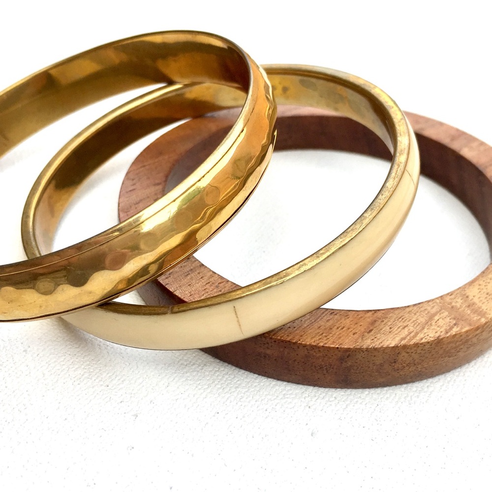 Bracelet Bangle Bundle Bone Inlay Real Wood Brass